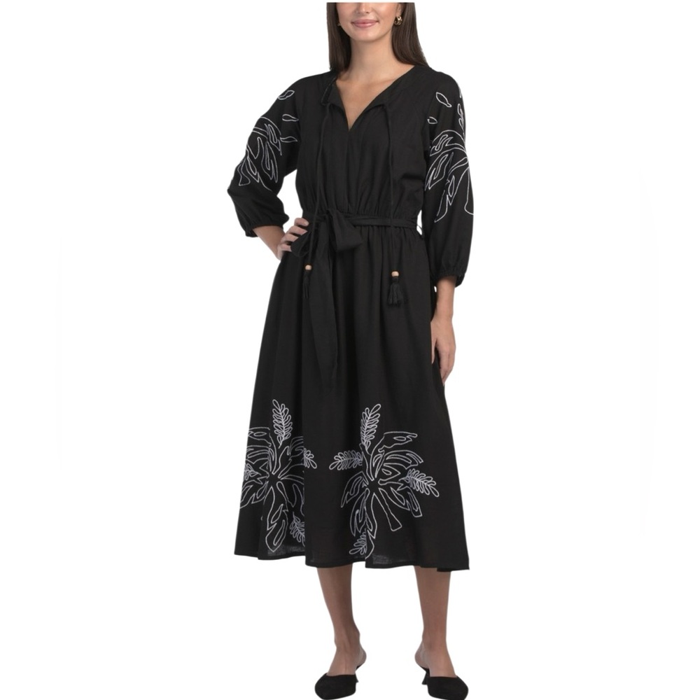 Lea Three Quarter Sleeve Embroidered Midi Dress